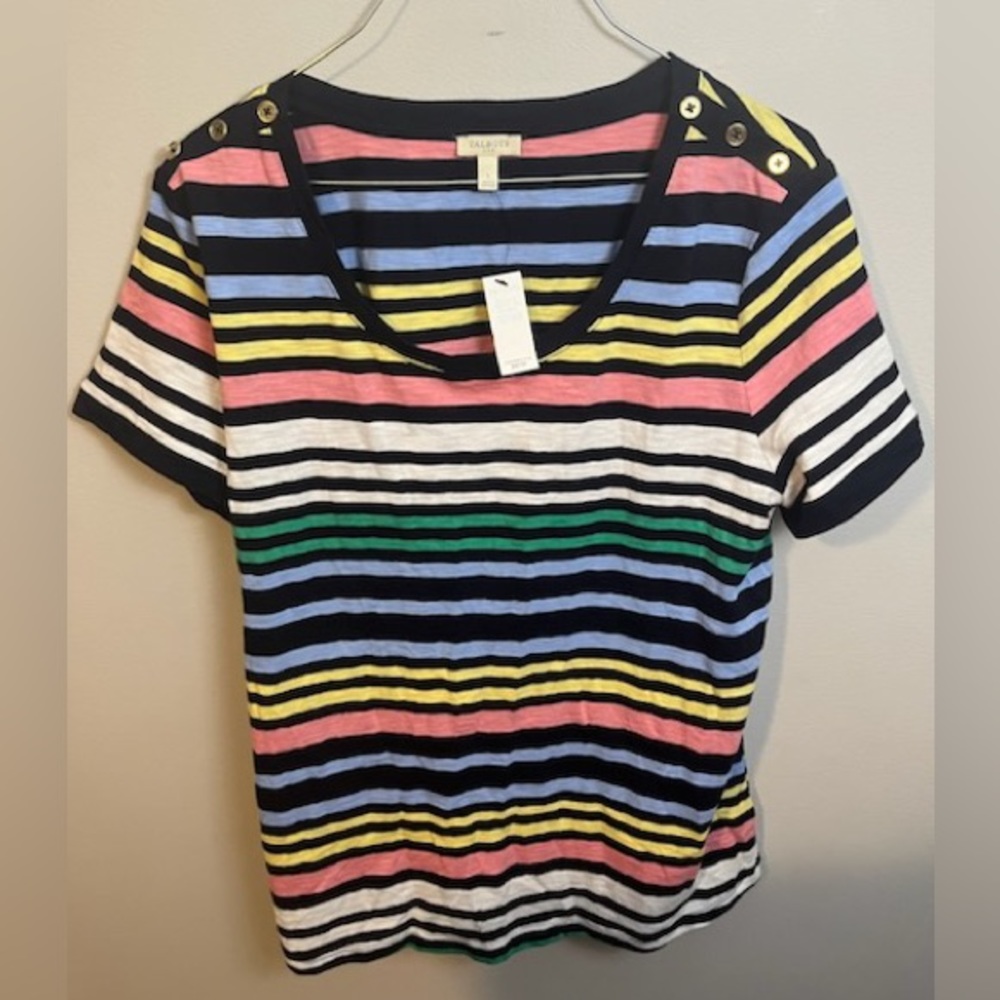 NWT Black with Multi Colored Stripes Talbots Scoop Neck Tee with Gold Accents